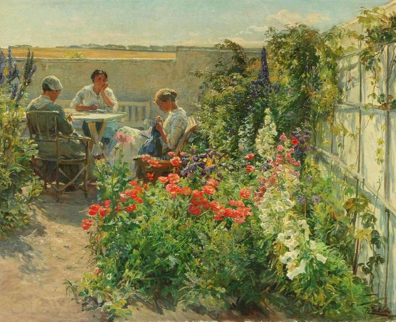 Knud Bergslien Blomstrende haveeksterir med tre kvinder ved et bord Norge oil painting art